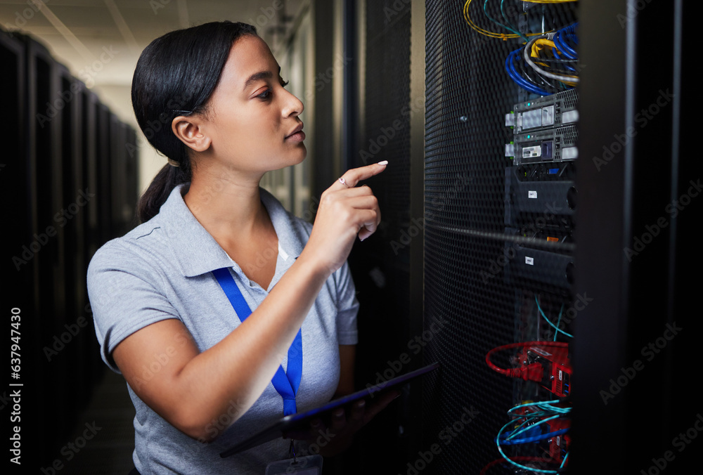 Woman, technology and inspection of server room, engineering cables and power solution or hardware p