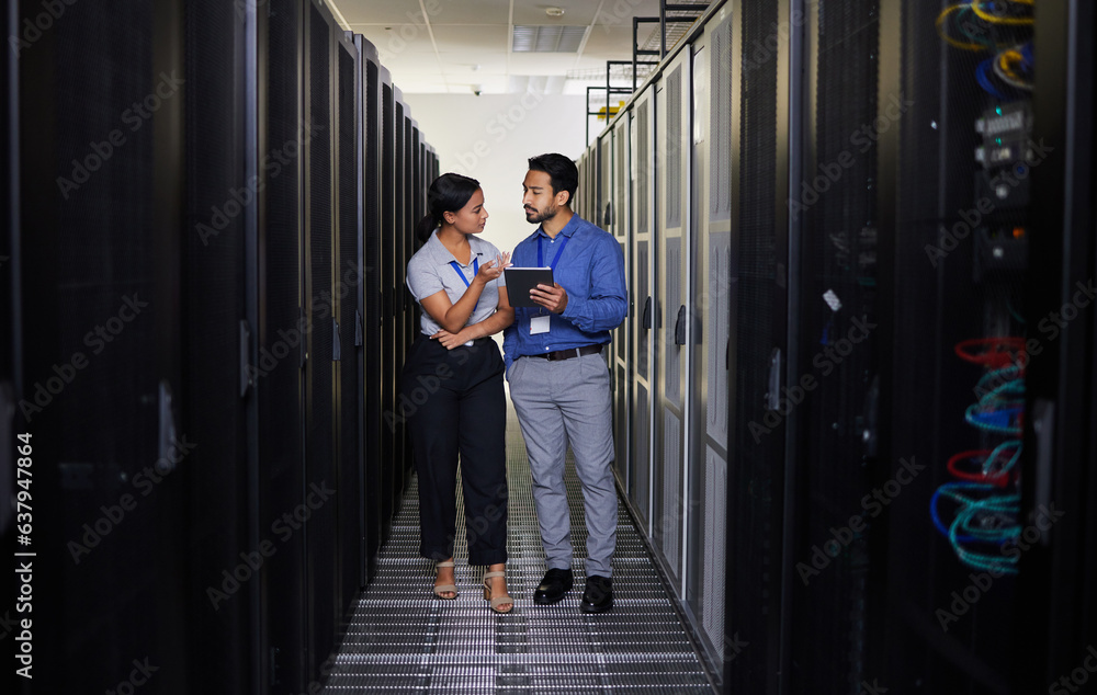 Talking, people and technician in server room with tablet for cybersecurity, update or team problem 