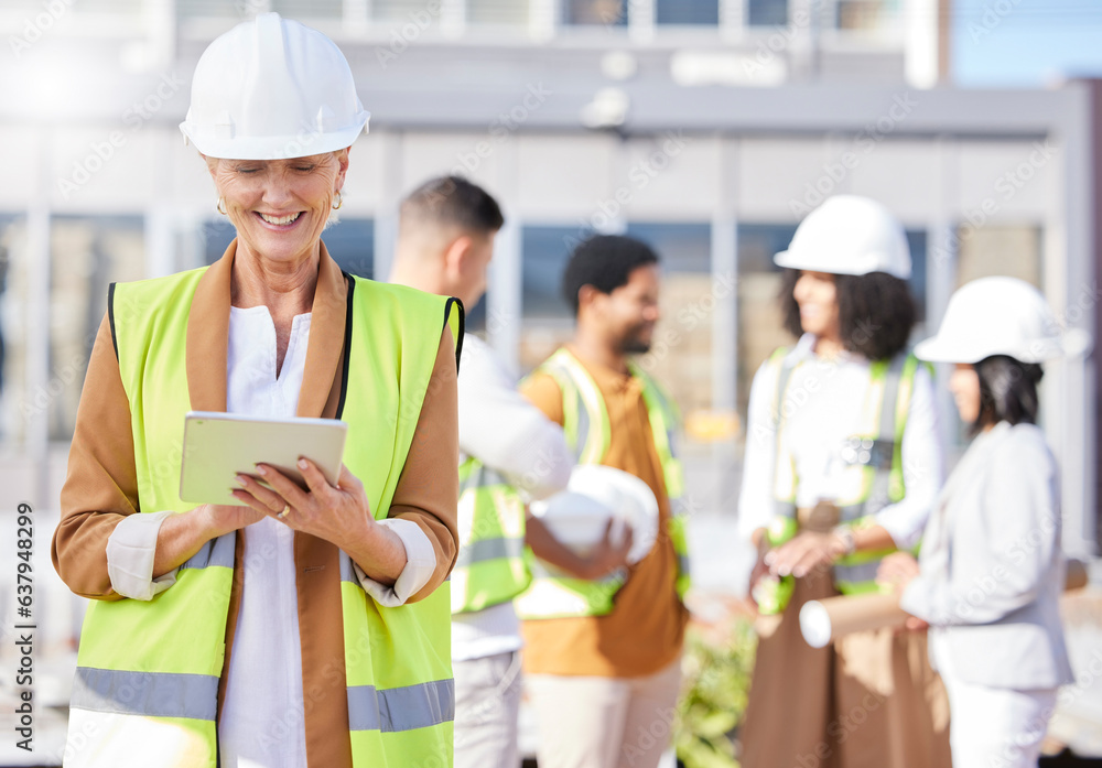 Tablet, architecture and a senior woman construction worker on a building site with her team in the 