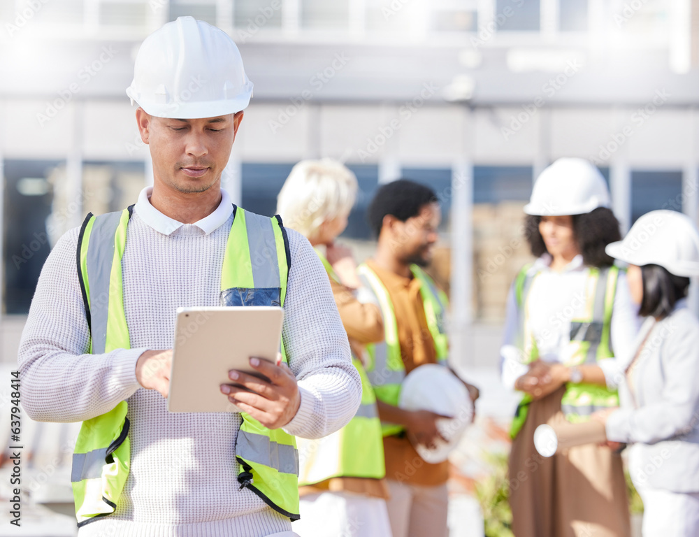 Man, architecture and tablet, inspection at construction site with maintenance, contractor and quali