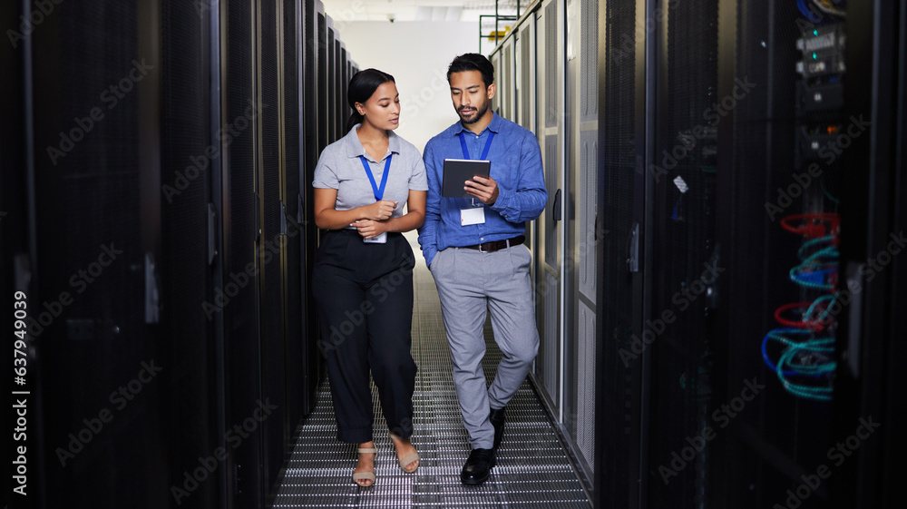 People, server room and teamwork on tablet, cybersecurity, engineering and programming or coding sol