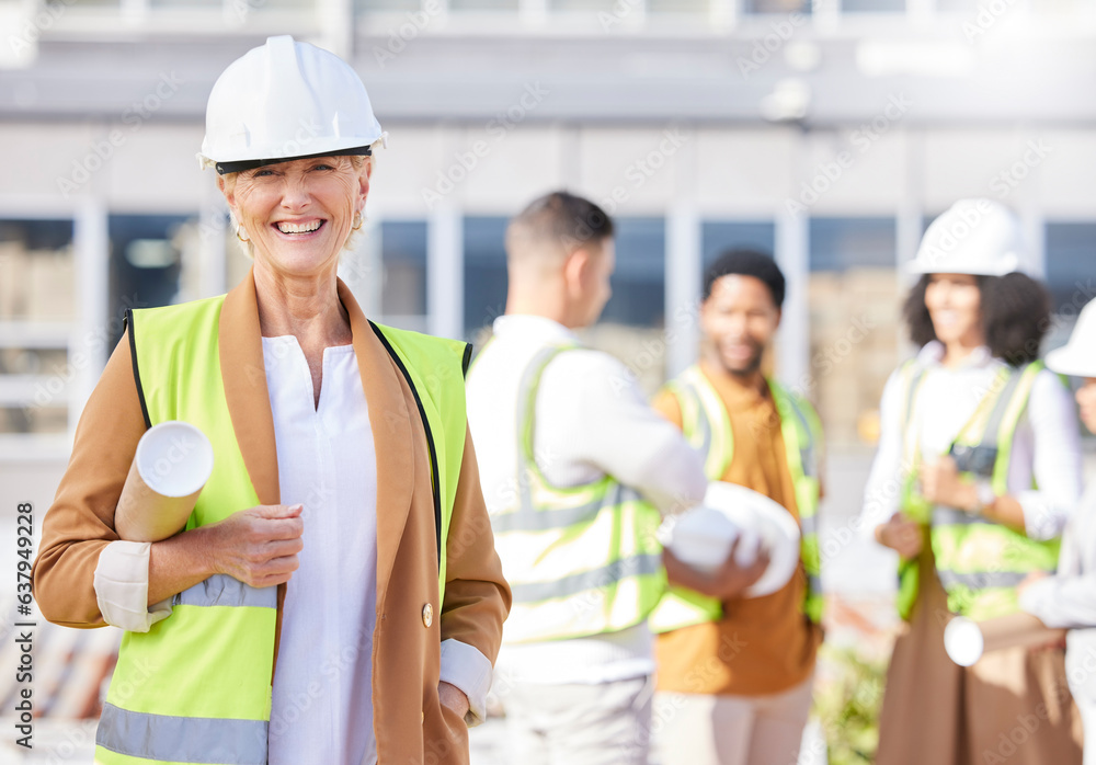 Senior woman, architect and blueprint, inspection at construction site with maintenance, contractor 