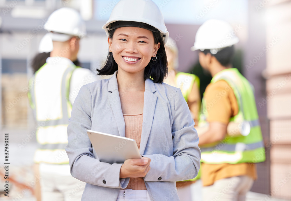 Woman, architect and tablet, inspection at construction site with maintenance, contractor and smile 