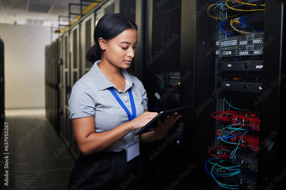 Woman, tablet and data center in inspection, programming and coding of power solution, cables check 