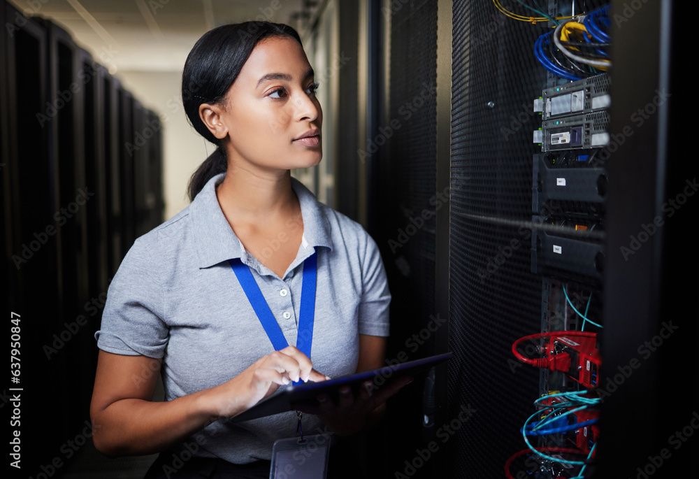 Woman, tablet and thinking in server room, programming solution or coding ideas for cybersecurity or