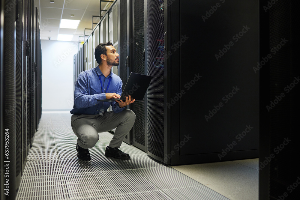 Server room, laptop or man typing for cybersecurity glitch, machine or to search online on servers s