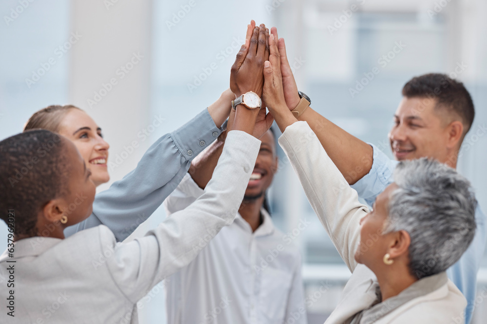 High five, group circle or business people celebrate collaboration, synergy or corporate deal, succe