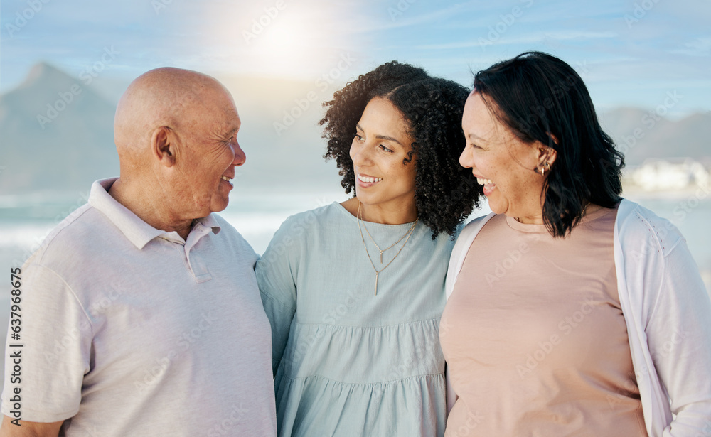 Happy, beach and woman with her senior parents on a family vacation, holiday or adventure. Love, smi