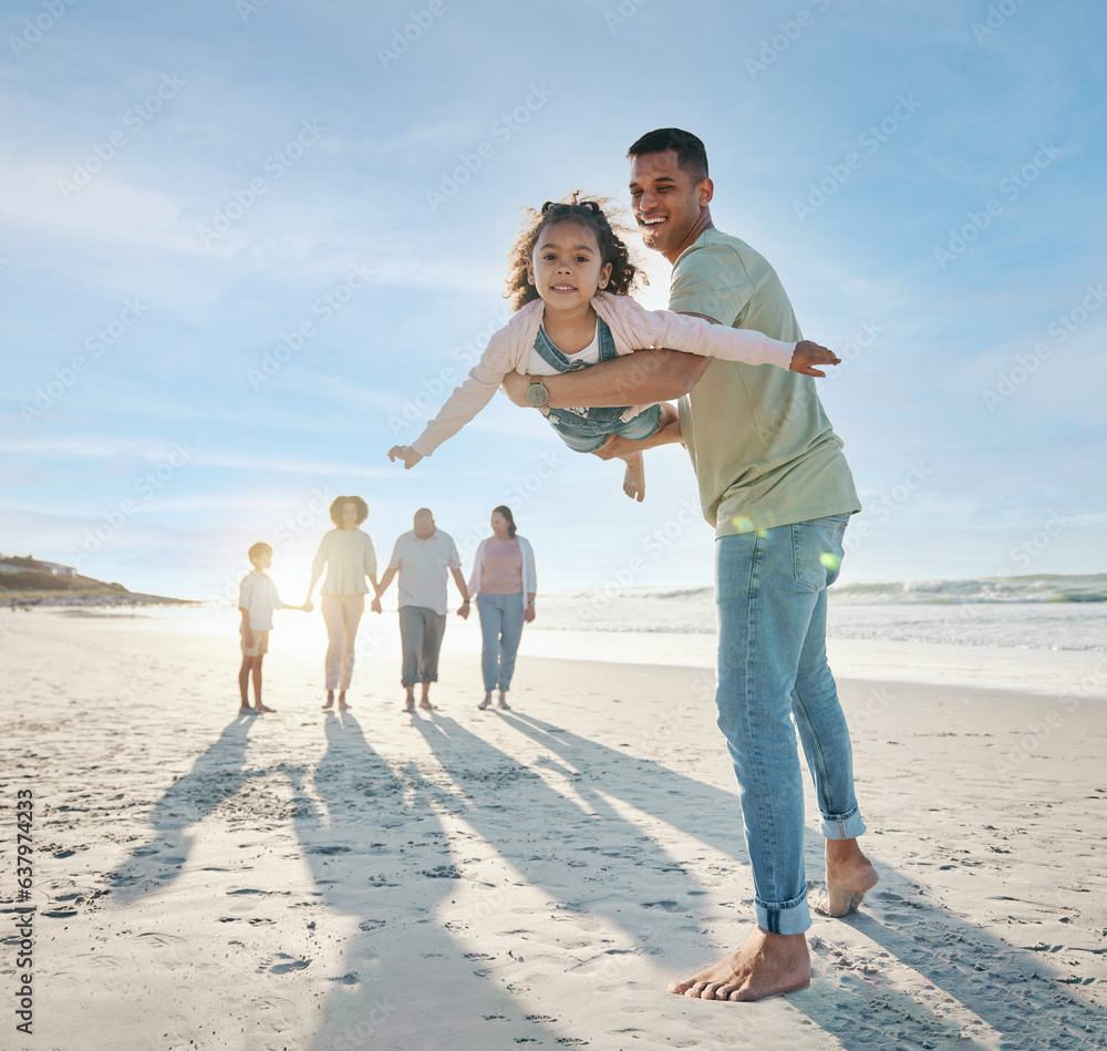 Dad, girl and family at beach, airplane game and portrait with smile, bonding and love in summer sun