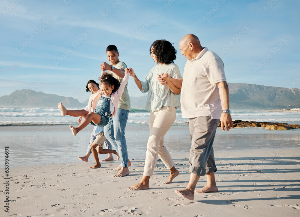 Walking, holding hands and family with children on a beach with love, care and happiness on travel v