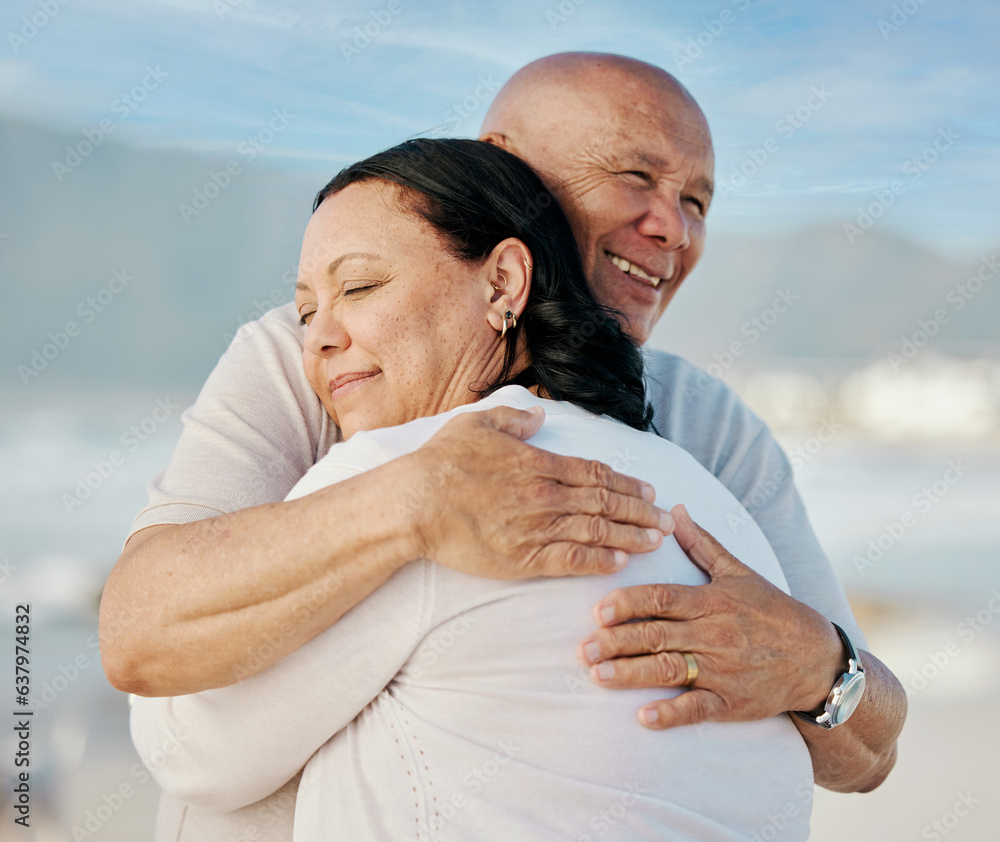 Happy, love and hug with old couple at beach for travel, support and summer vacation. Relax, bonding