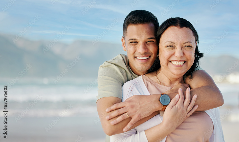 Hug, portrait and couple at the beach with mockup for a date, vacation or bonding. Smile, care and a