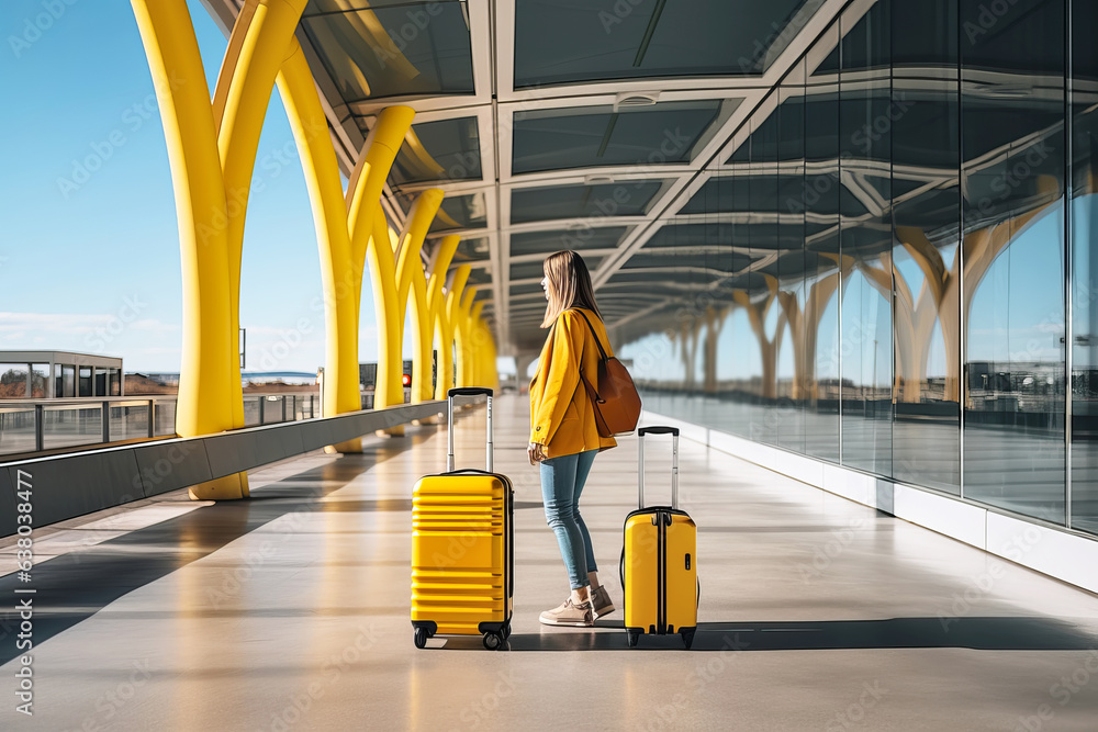 Attractive female traveler walking with a yellow suitcase at the modern transport stop outdoors.