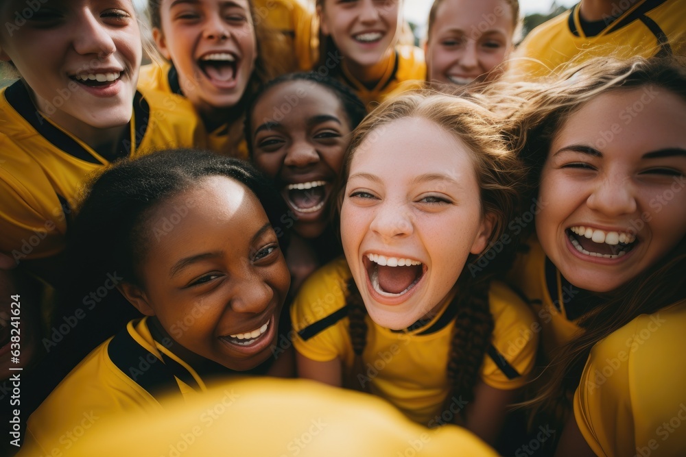 Diverse group of young females in a sports team in a huddle celebrating a win