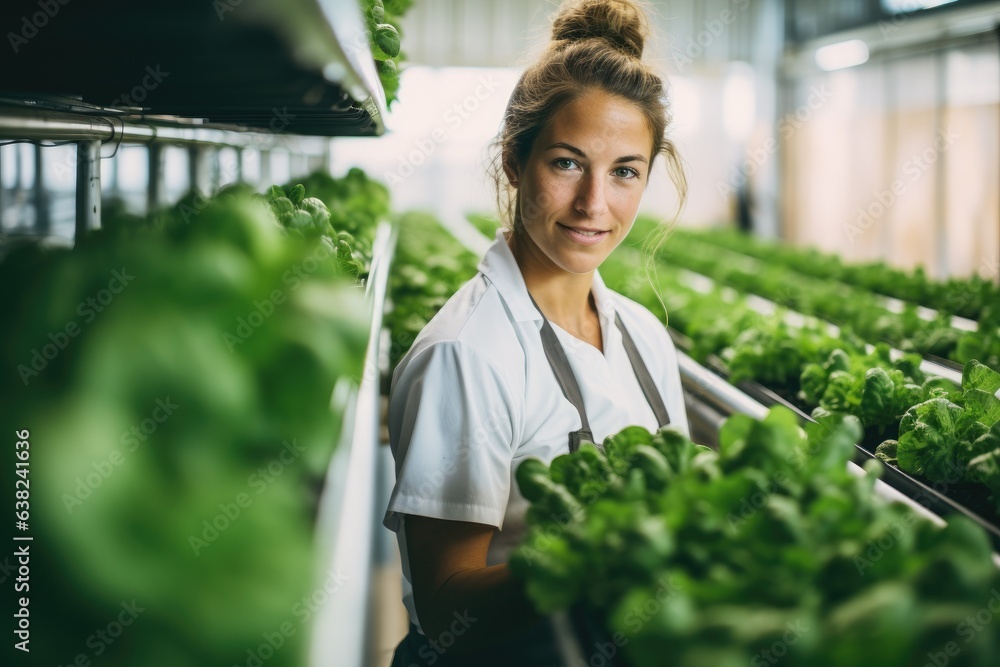 Smiling portrait of a young caucasian woman working in an organic farm greenhouse