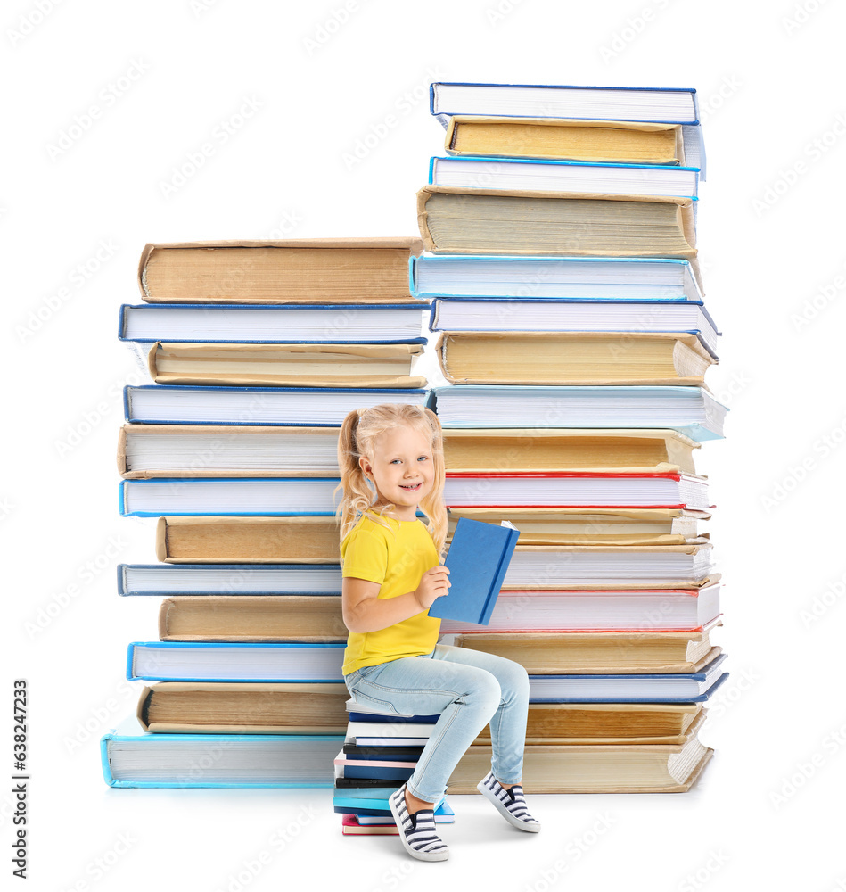 Cute little girl sitting on stack of books against white background