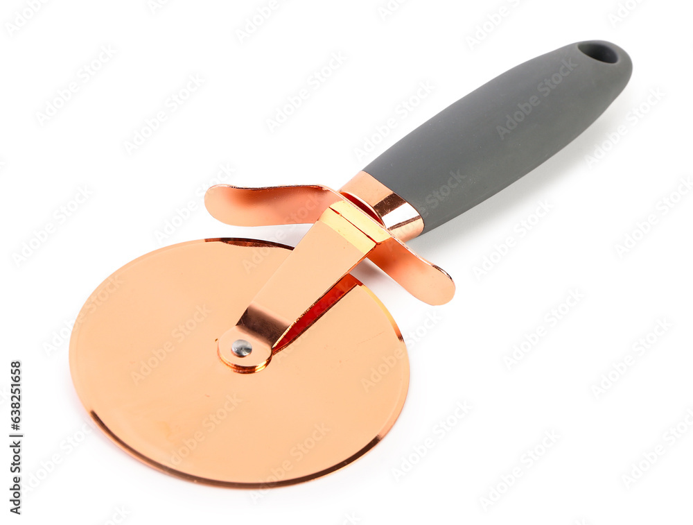 Stainless steel pizza cutter on white background