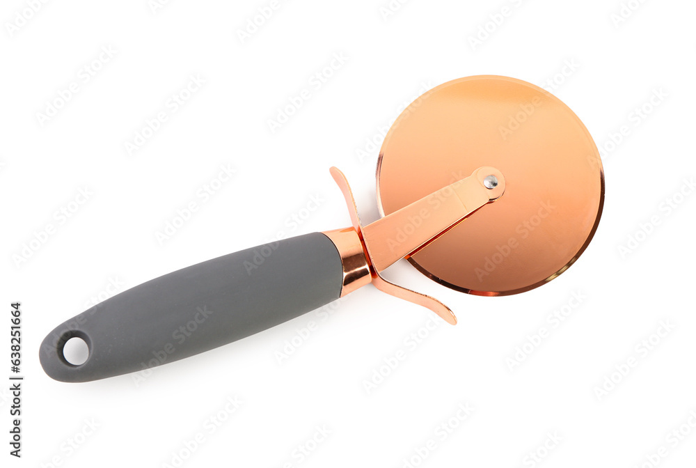 Stainless steel pizza cutter on white background