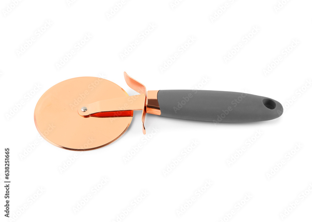 Stainless steel pizza cutter on white background