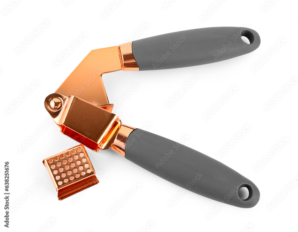 Stainless steel garlic press on white background