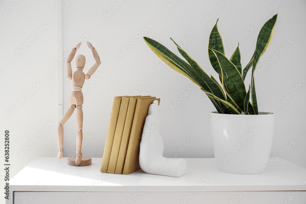 Stylish holder for books with houseplant and wooden mannequin on commode