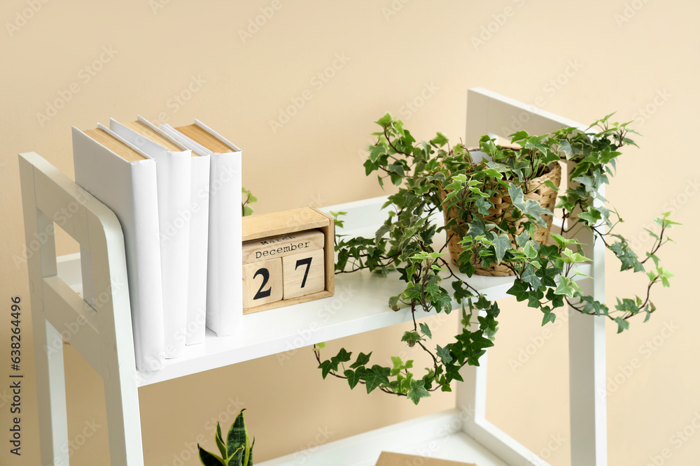 Shelving unit with books, calendar and houseplant near beige wall