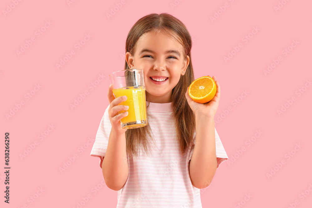 Cute little girl with glass of juice and orange on color background