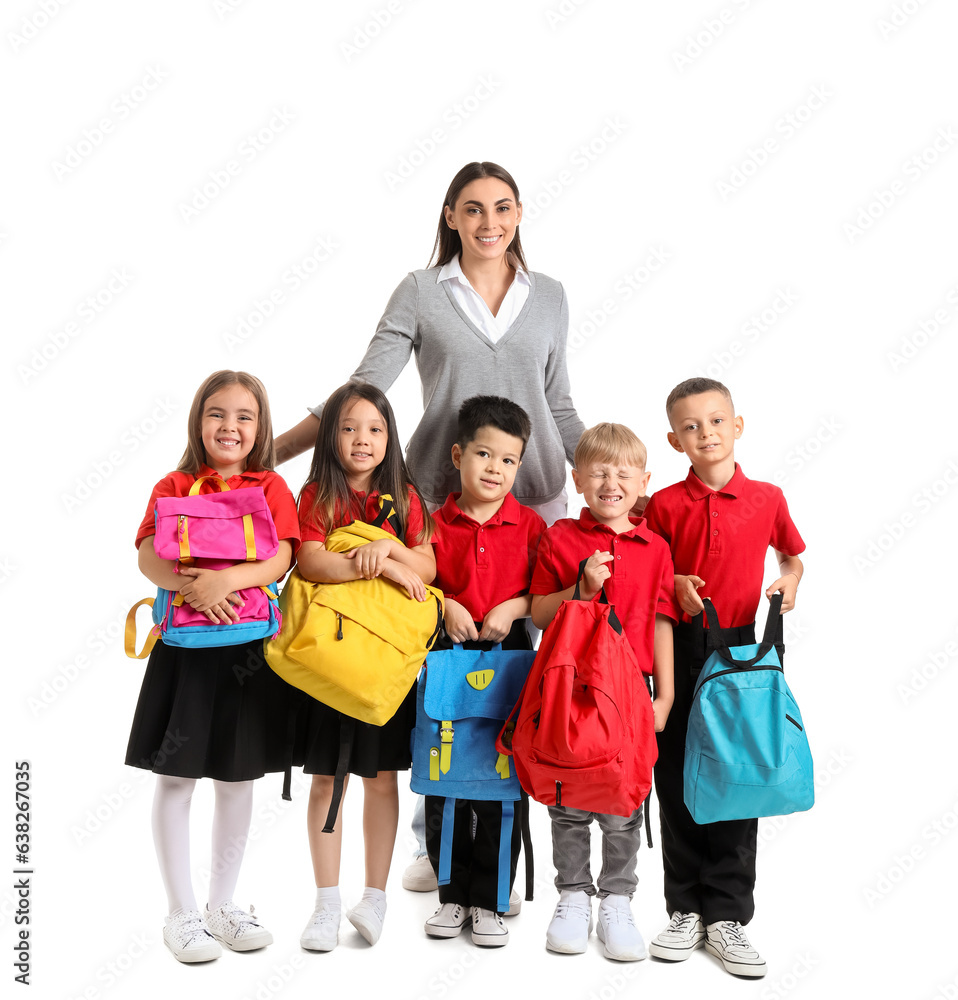 Little school children with female teacher on white background