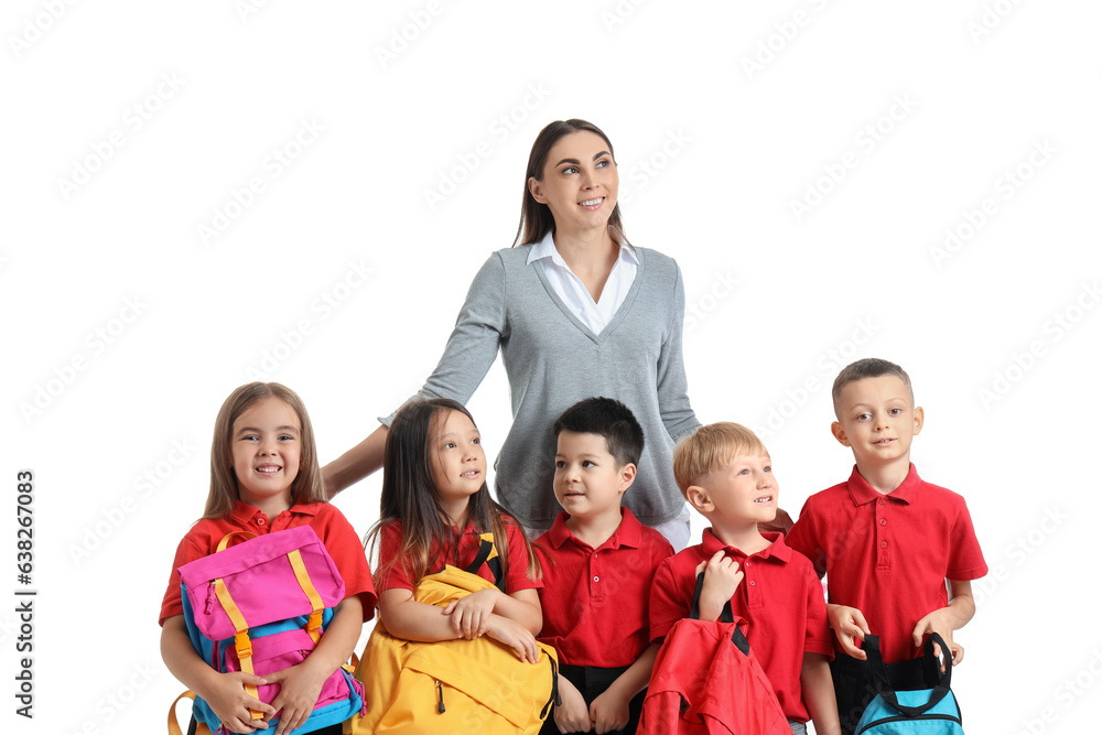 Little school children with female teacher on white background