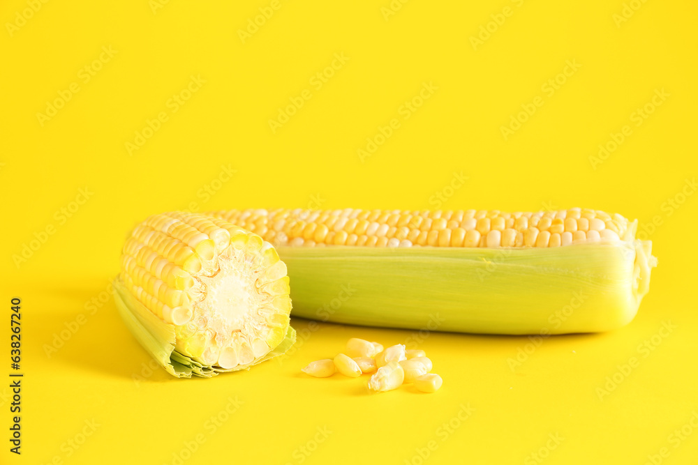 Fresh corn cobs and seeds on yellow background