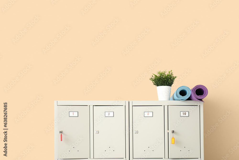 Modern locker with plant and fitness mats near beige wall