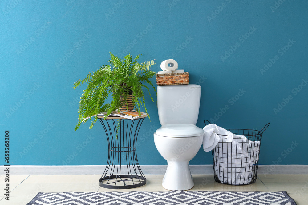 Interior of modern restroom with ceramic toilet bowl and houseplant near blue wall