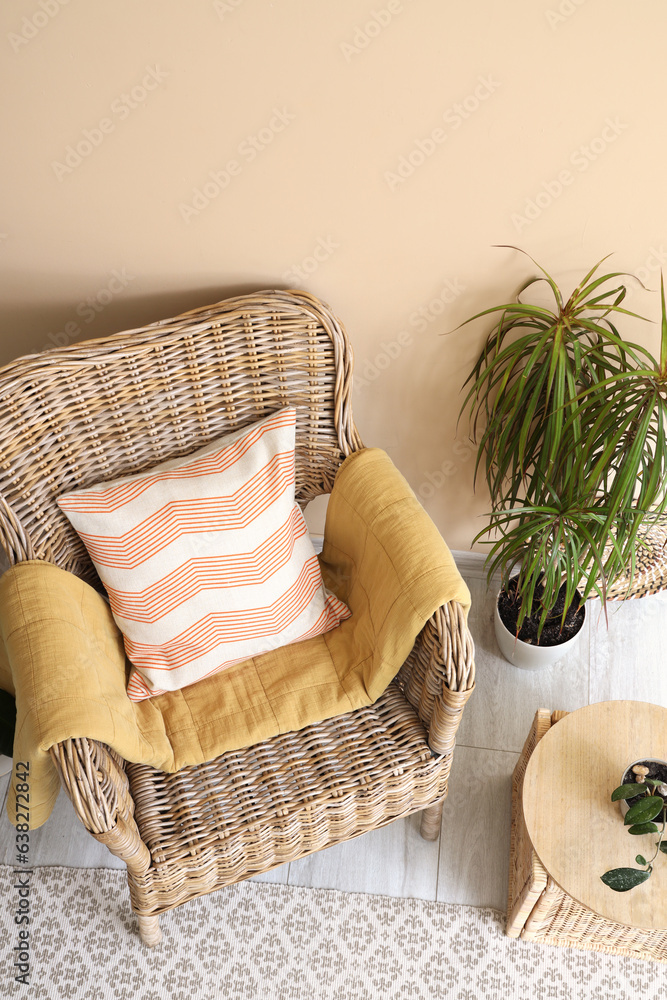 Comfortable wicker armchair and houseplant near beige wall