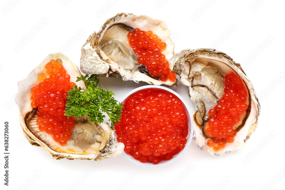 Tasty oysters with red caviar on white background