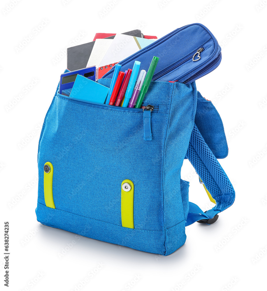 Colorful school backpack with stationery isolated on white background