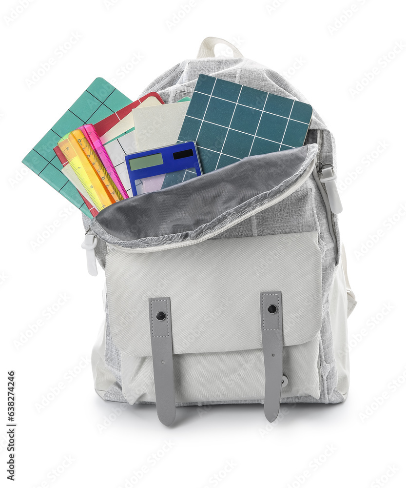 Stylish school backpack with stationery on white background