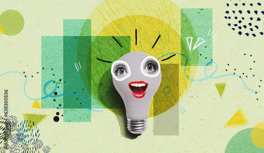 Idea light bulb with human eyes and mouth - Photo collage design