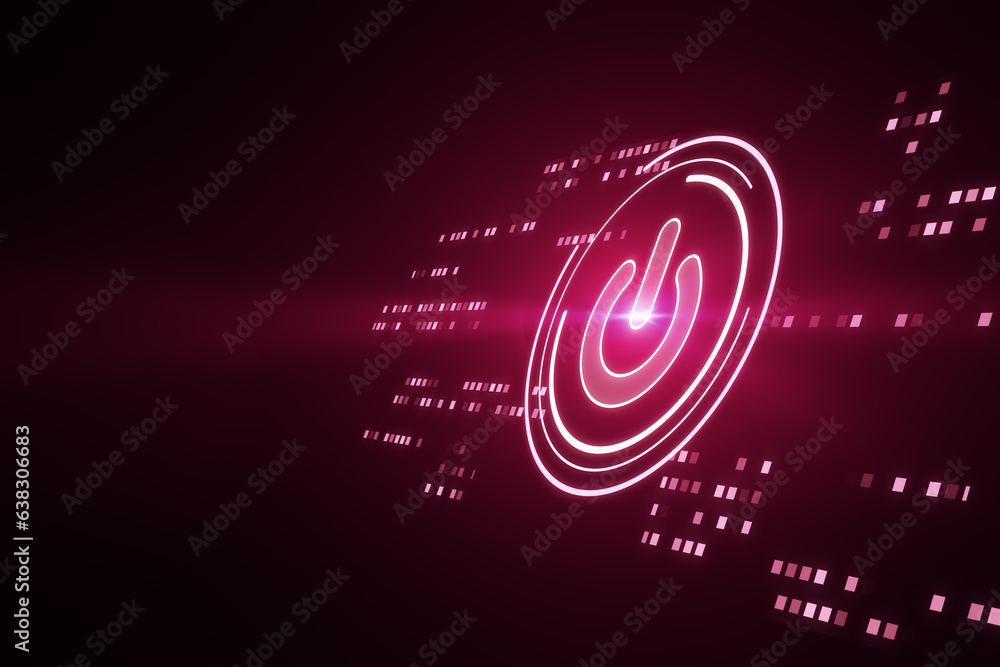 Glowing digital pink power button on dark background. Computer and technology concept. 3D Rendering.