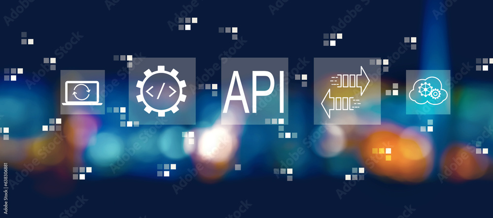 API - application programming interface concept with blurred city lights at night