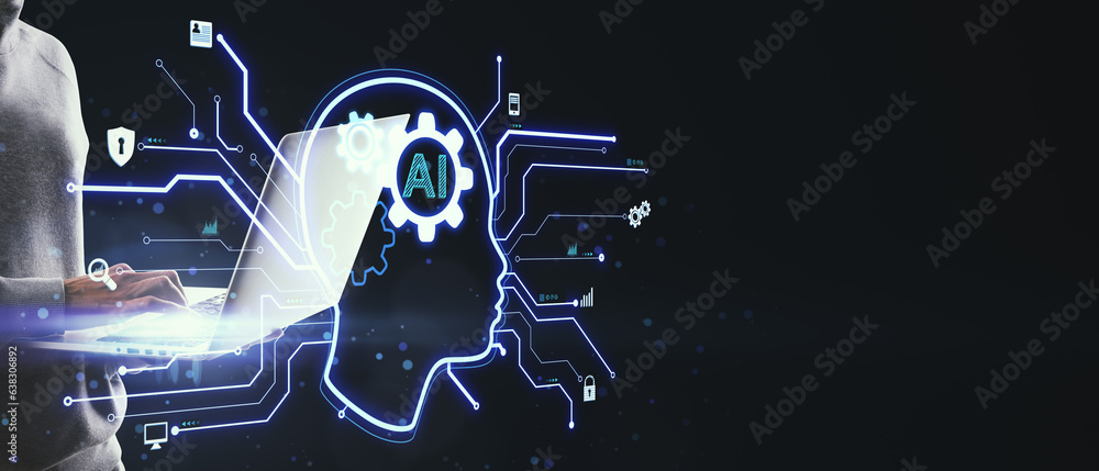 Close up of hands using laptop computer with glowing head outline, ai circuit and other icons on wid