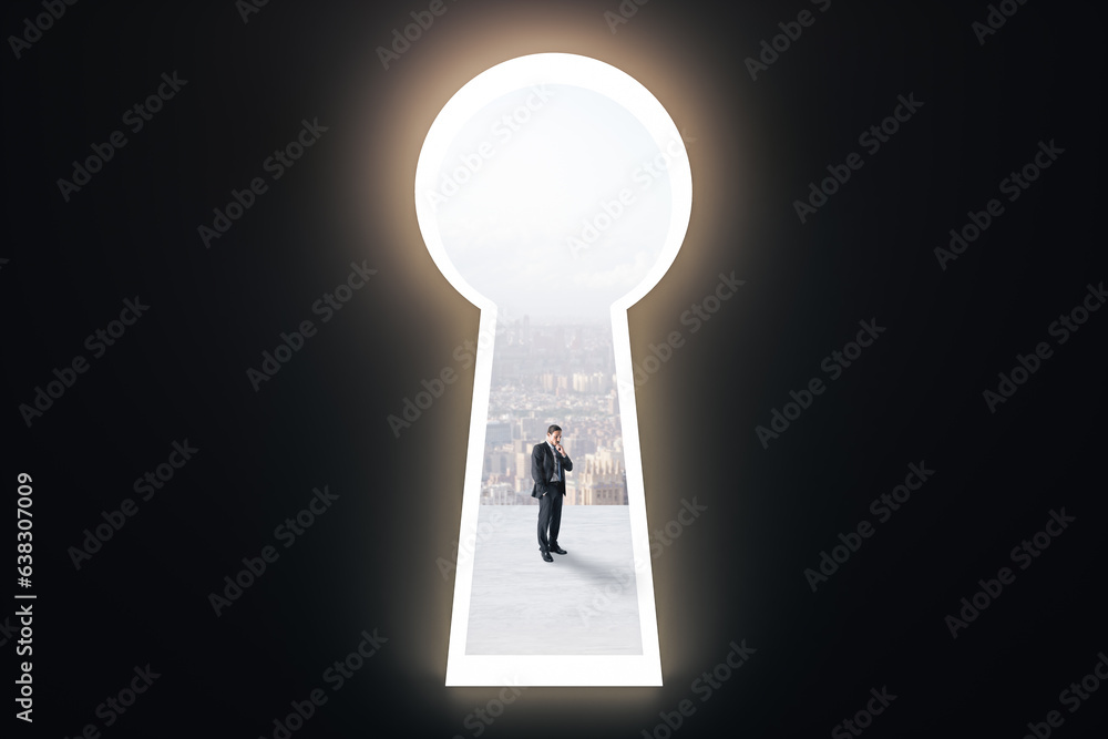 Thoughtful young man standing in bright keyhole opening with city view on black wall background. Fut