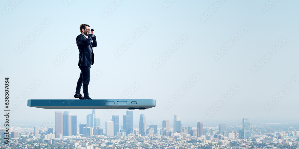 User experiences for mobile concepts. Young man with telescope standing on huge flying smartphone on