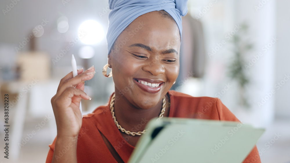 Black woman, tablet and writing schedule, planning or digital notes for marketing, research or adver