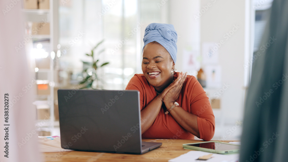 Black woman, laptop and celebration for business sale, promotion or good news at the office. Happy A