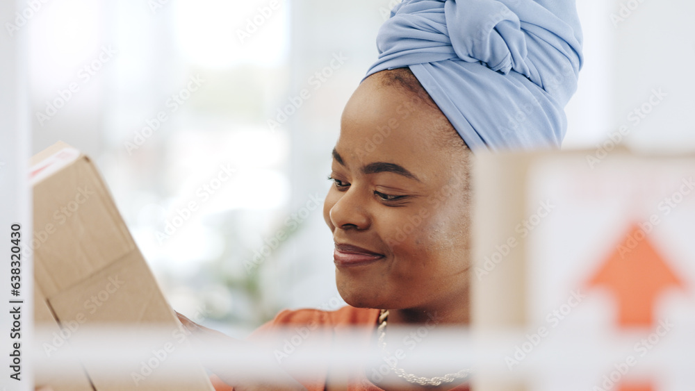 Black woman, laptop and typing in logistics for schedule delivery, order or ecommerce in fashion bus