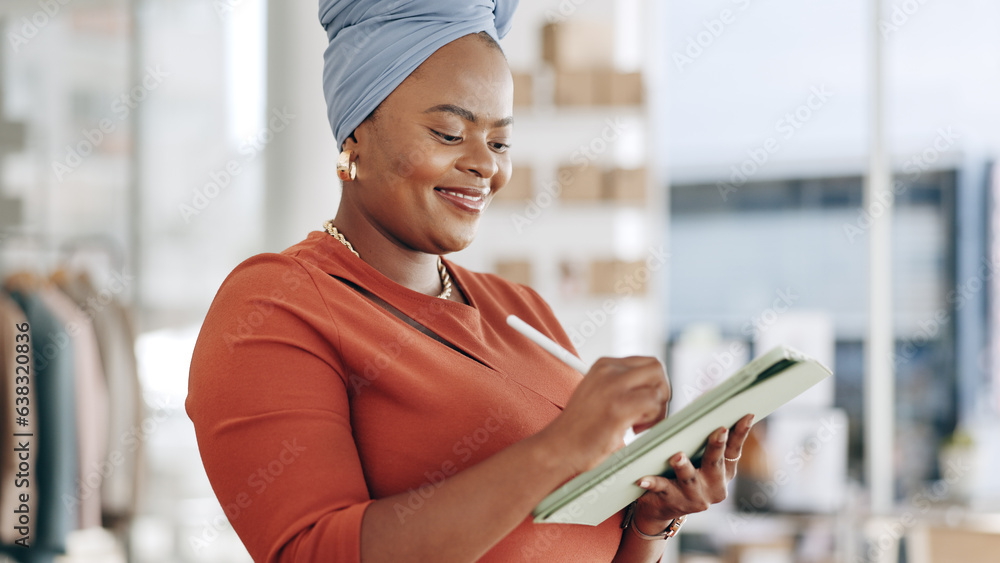 Black woman, tablet and writing schedule, planning or digital notes for marketing, research or adver