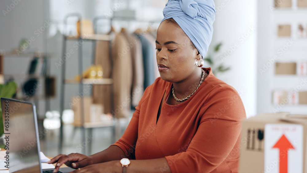 Black woman, laptop and typing in logistics for schedule delivery, order or ecommerce in fashion bus