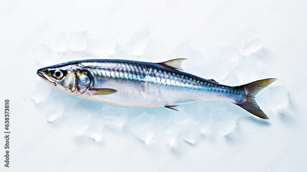 Fresh mackerel fish (Scomber scrombrus) on ice. Seafood background. Generative AI