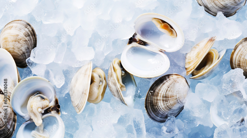 Top view on fresh clams in ice cubes. Sea food background. Generative AI