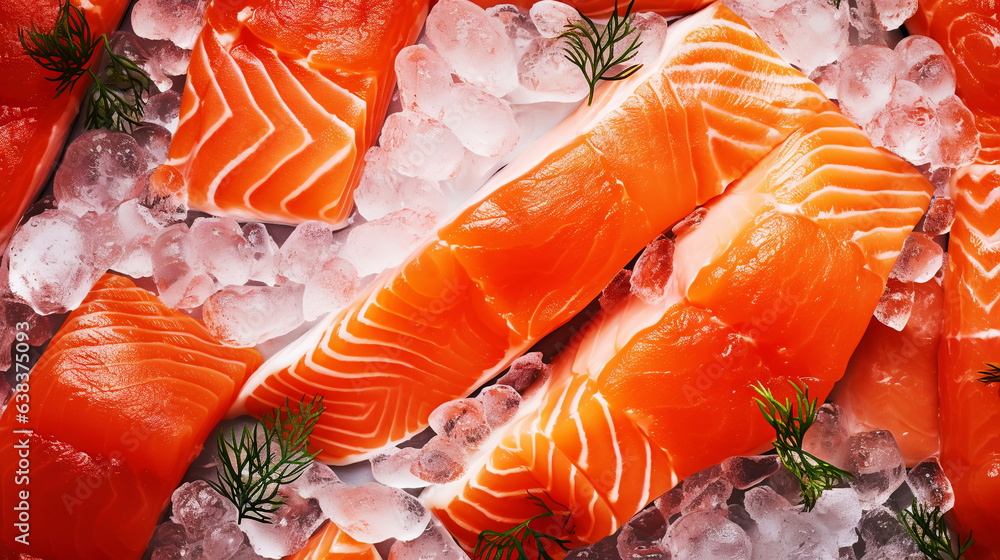 Fresh salmon fillet on ice. Red tasty fish meat. Seafood background. Generative AI